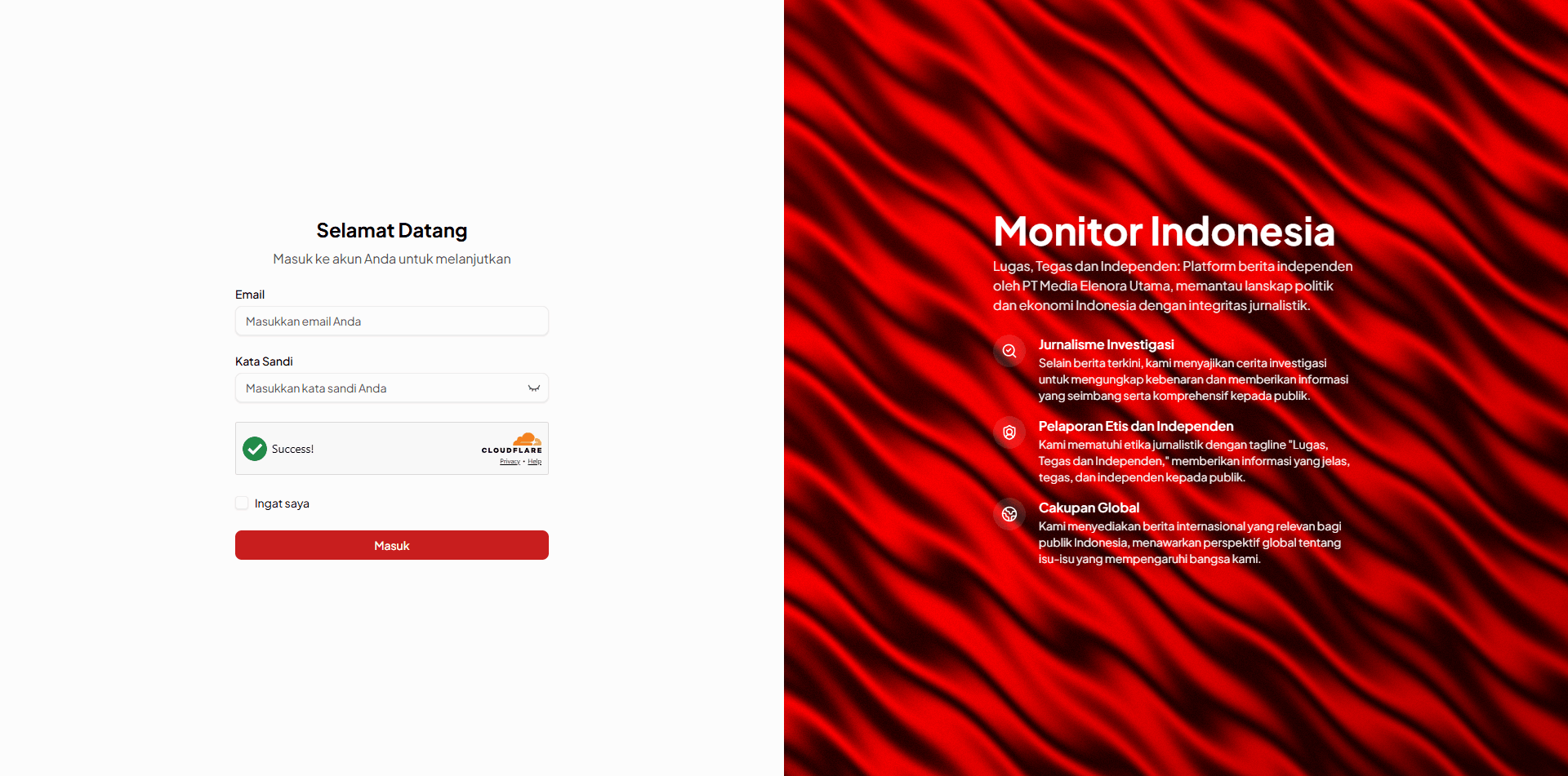 Screenshot of the Monitor Indonesia editorial admin login UI