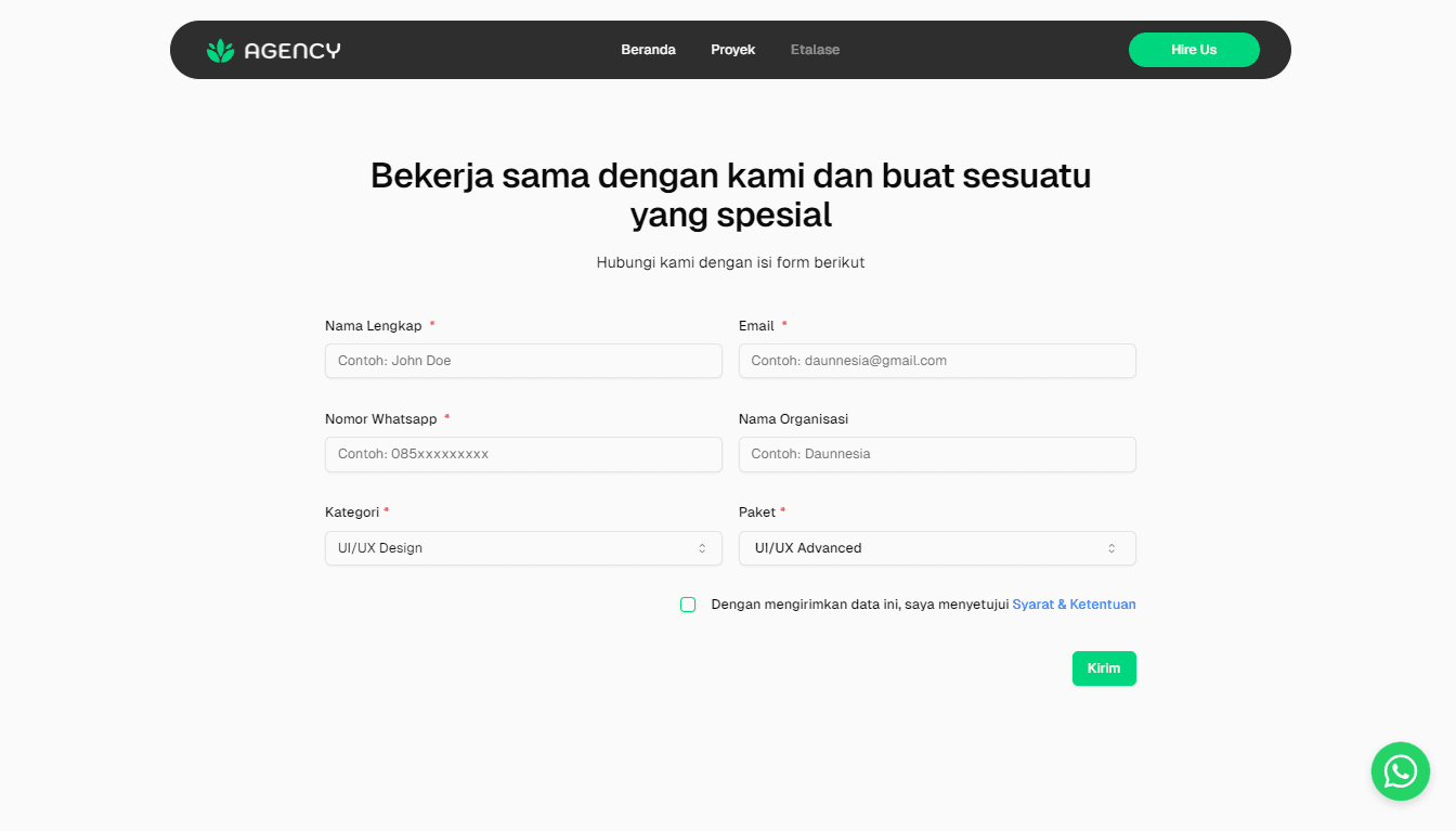 Screenshot of the Contact Us form